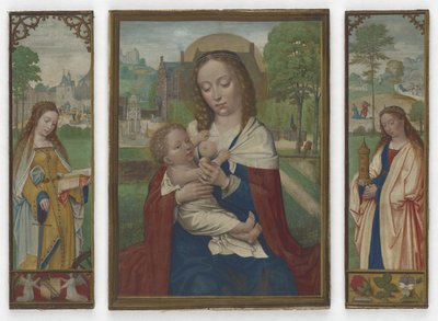 聖母子;聖者キャサリンとバーバラ、c.1520（ヴェラムのテンペラ） 作： Simon Bening