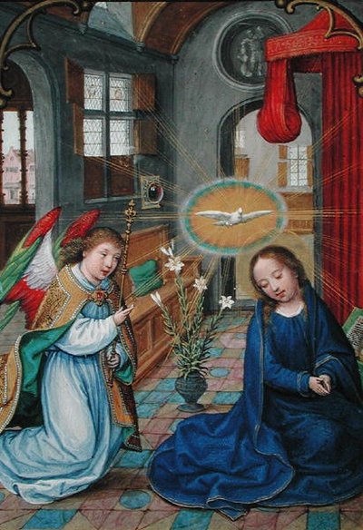 W.99 fol.16r 1530年頃の「スペインのフィリップ2世（1527-98）の祈祷書」からの「聖母マリアの受胎告知」（ベラム製） 作： Simon Bening