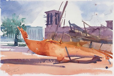 ドバイ、ボートとウインドタワー, 2004 （紙に水彩画） 作： サイモン・フレッチャー