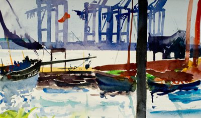 ハンブルク、コンテナ港、2009年（水彩画） 作： Simon Fletcher