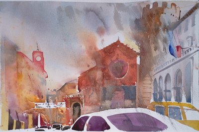 オルヴィエート広場、イタリア 2002年 （水彩画） 作： Simon Fletcher