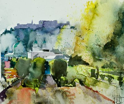 ミラベル庭園から見たザルツブルク、2008年（水彩画） 作： Simon Fletcher