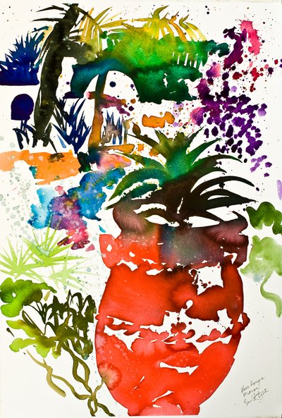 花瓶の紅、モロッコ 2013年 水彩画 作： サイモン・フレッチャー