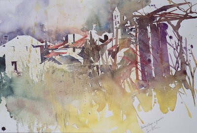 冬の村と草、フランス、2008年（水彩画） 作： サイモン・フレッチャー