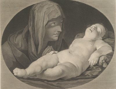 眠っている幼子キリストを見つめる祈りの聖母、楕円形の額縁、レニの後、..., 1765. 作： Simon Francois Ravenet