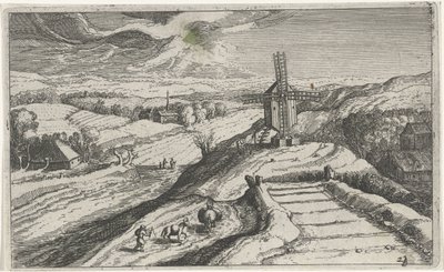 風車のある丘陵風景 さまざまな風景（連載タイトル） Topographia variarum regionum (シリーズタイトル) 作： Simon Frisius (attributed to)