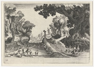 パスに沿って十字架のある森の風景 南欧の風景（連載タイトル） Topographia variarum regionum (シリーズタイトル) 作： Simon Frisius
