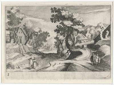 建物や人物がいる樹木が茂った丘陵の風景 南欧の風景（連載タイトル） Topographia variarum regionum (シリーズタイトル) 作： Simon Frisius