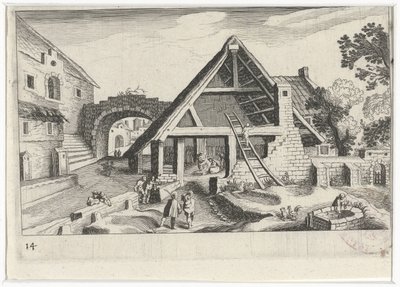 聖家族との村の眺め 南欧の風景（連載タイトル） Topographia variarum regionum (シリーズタイトル) 作： ヘンドリック・ホンディウス（I）