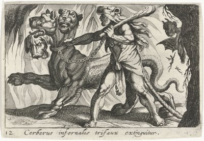 ヘラクレスがケルベロスを捕まえる 作： Simon Frisius