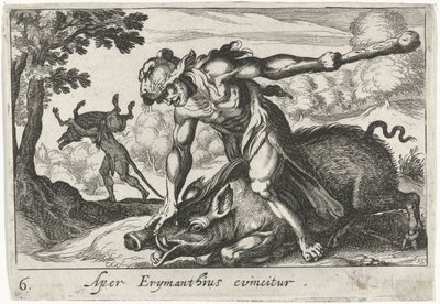 ヘラクレスはエリュマントスのイノシシを捕まえる Aper Erymanthius evincitur (オブジェクトのタイトル) Herculean Themes (シリーズタイトル) 作： Simon Frisius
