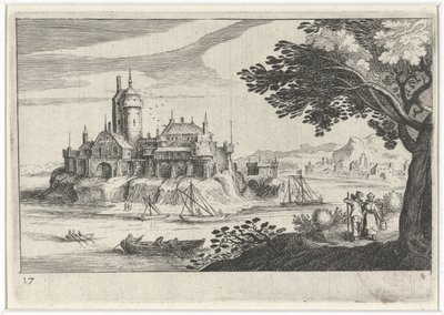 島の城のある丘陵の風景 南欧の風景（連載タイトル） Topographia variarum regionum (シリーズタイトル) 作： Simon Frisius