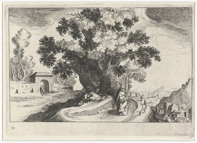 木の下でセックスをする人物がいる丘陵の風景 南欧の風景（連載タイトル） Topographia variarum regionum (シリーズタイトル) 作： Simon Frisius