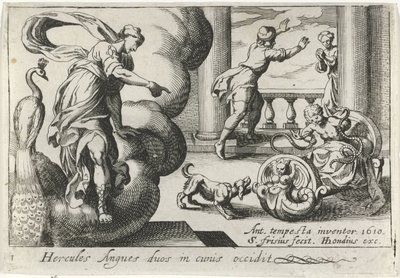 Jonge Hercules wurgt twee slangen Hercules Angues duos in cunis occidit (title on object) Herculische thema