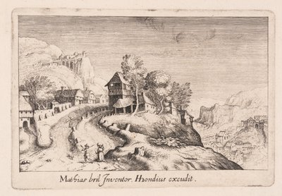村の中を山登りする小道のある風景（『Topographia Variarum Regionum』より 作： Simon Frisius