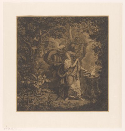 森の犠牲の女王、おそらくアルテアと 3 人のゴルゴニアンがいる神話のシーン 作： Simon Henri Thomassin