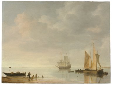 穏やかな海で休む船のある海岸の風景 作： Simon Jacobsz. Vlieger