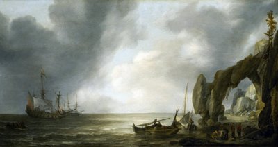 オランダの軍艦が岩だらけの海岸に停泊し、数人の乗組員が海岸に上陸し、漁籠を囲んでいた。 作： Simon Jacobsz. Vlieger