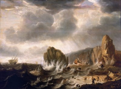 岩だらけの海岸の難破船木に油彩 作： Simon Jacobsz. Vlieger