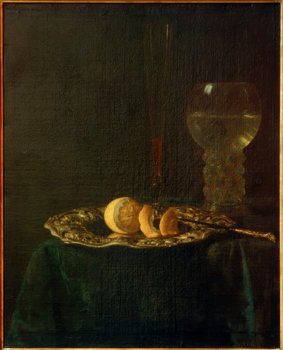 銀皿、レモン、ローマ人、フルートのある宴の静物画 作： Simon Luttichuys