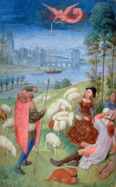 追加 38126 fol.79v-80 The Annunciation to the Shepherds, from the Huth Hours, 485-90 (vellum)iennes (detail of 20281) 作： Simon Marmion