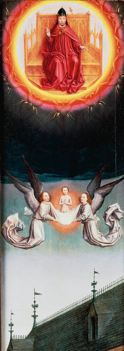 聖ベルタンの魂が天国に昇る、聖ベルタンの祭壇画の断片、1459年頃、サイモン・マーミオン（1425-1489年頃）作、パネルに油彩、57.7x20.5 cm 作： Simon Marmion