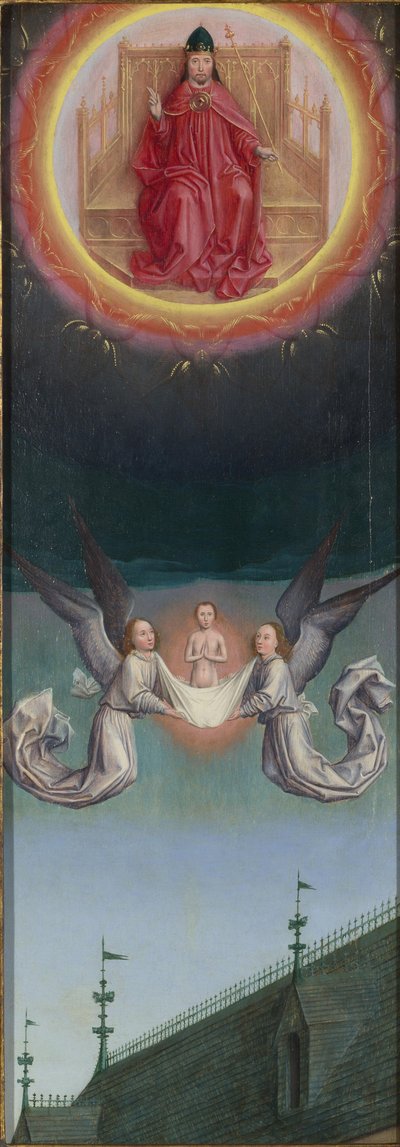 聖ベルタンの魂は聖ベルタンの祭壇画、約1459から神に運ばれました 作： Simon Marmion