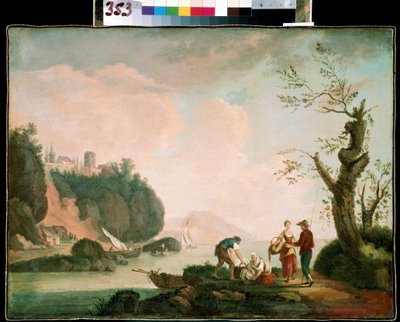 漁師。 Simon Mathurin Lantarat (1729-1778) の絵画。 キャンバスに油彩。 フランスの芸術、ロココ。 Mikhail Kroshitsky Art Museum、セヴァストポリ (セヴァストポリ) ウクライナ 作： Simon Mathurin Lantarat