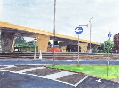 コンクリートの陸橋、2019年（紙にアクリル、水彩、インク） 作： Simon Neville