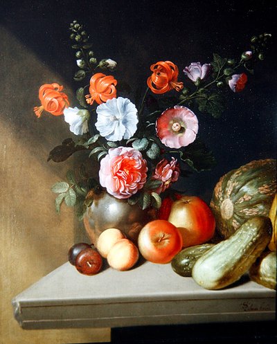 薔薇とデルフィニウムと百合の静物画 作： Simon Peter Tilmann
