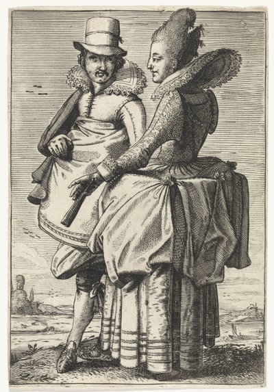 1625年頃の流行に合わせた服装の男女 作： Simon Poelenburg (attributed to)