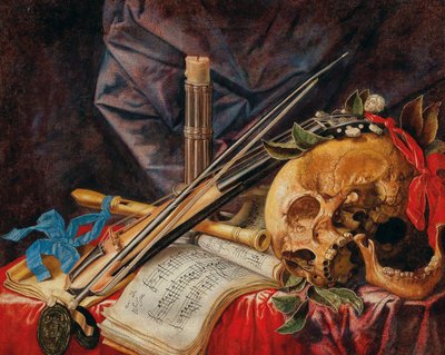 ヴィオラ、クラリネット、頭蓋骨、楽譜、ろうそくのあるヴァニタスの静物画。 作： Simon Renard de Saint Andre