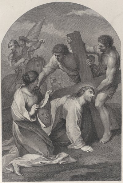 キリストは十字架の重さで地面に倒れ、2人の男性が助け、...、約。 1729年。 作： Simon Vallee