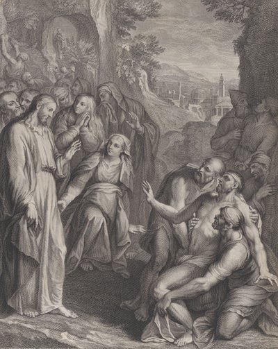ラザロの復活、左側にキリストが立っている。 1729年。 作： Simon Vallee