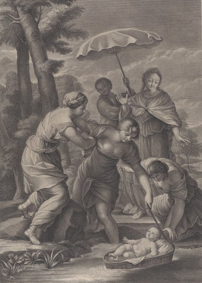 3 人の女性が幼いモーセと一緒に水からかごを引っ張っている。 1729年。 作： Simon Vallee