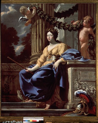 オーストリアのアン (1601-1666) の寓意的な肖像画 (オーストリアのアンの寓意的な肖像画)。 フランスの女王は、彼女の属性 (ヘルメット、盾、フクロウ、メデューサのマスク付きベルト) に囲まれた女神ミネルバ (アテナ) として表されます。 登録 作： Simon Vouet