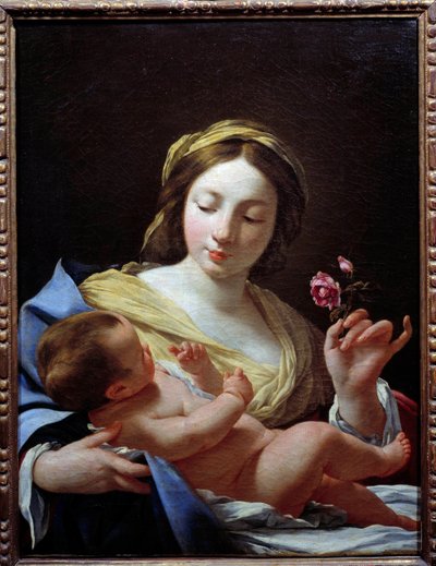 聖母子と薔薇の絵 シモン・ヴーエ（1590-1649）作 1627年 日の丸0.8x0.62 m マルセイユ、ボザール美術館（Musee des Beaux Arts 作： Simon Vouet