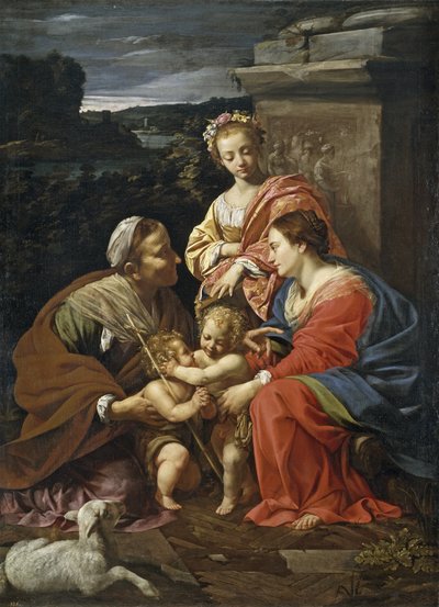 少年としての洗礼者ヨハネと聖母子、聖エリザベスと聖カタリナ - ヴーエ、シモン (1590-1649) - 1625-1626 - キャンバスに油彩 - 182x130 - プラド美術館、マドリッド 作： Simon Vouet