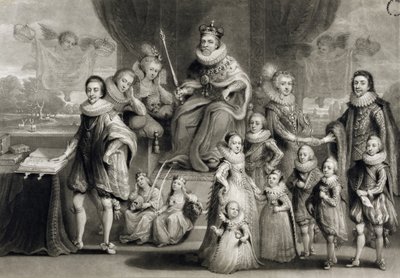 チャールズターナー（1773-1857）によって刻まれたボヘミア王の家族と一緒に彼の陛下ジェームズ1世と彼の王室の子孫、1814 作： Simon de Passe