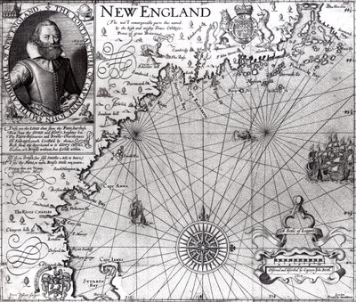 ジョン・スミス大尉（1580-1631）1614によって観察および記述されたニューイングランド海岸の地図、「将軍史」1624年 作： Simon de Passe