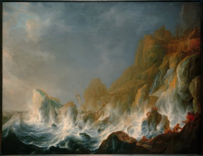 岩だらけの海岸で海の嵐で難破します。 作： Simon de Vlieger