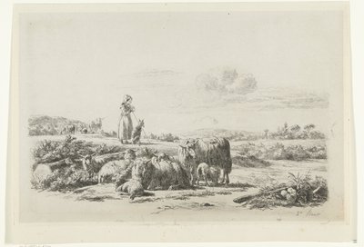 羊飼いのいる風景と羊の群れと犬 作： Simon van den Berg