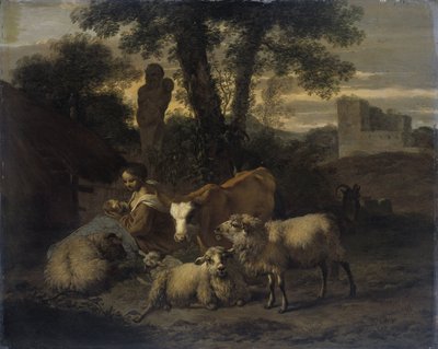 羊飼いと群れのいるイタリアの風景 作： Simon van der Does