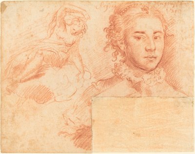 女王の肖像画と雲の上に座っている女性の習作。 裏面、寝姿 作： Simone Cantarini