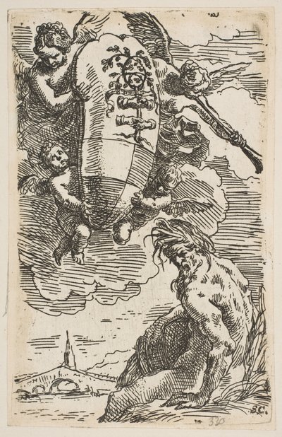 フォグリア川の寓意、ペサロス市の紋章、...の前絵1639。 作： Simone Cantarini