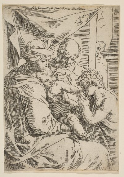 バプテスマの聖ヨハネが幼いキリストの手にキスした聖家族、1642年頃。 作： Simone Cantarini