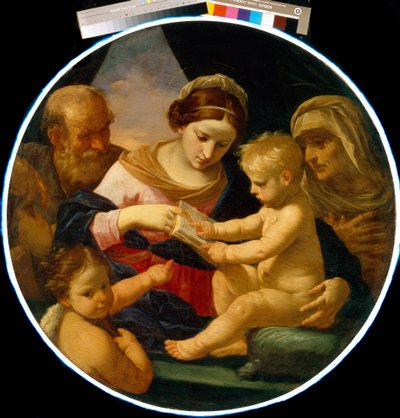 洗礼者聖ヨハネと聖エリザベトのいる聖家族。 シモーネ カンタリーニ (1612-1648) の絵画、キャンバスに油彩 作： Simone Cantarini