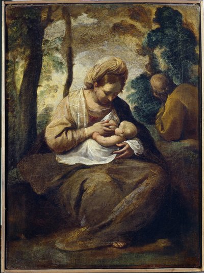 エジプトへのフライトで休む。 シモーネ カンタリーニ (1612-1648) の絵画、キャンバスに油彩。 イタリア美術（ボローニャ） 作： Simone Cantarini