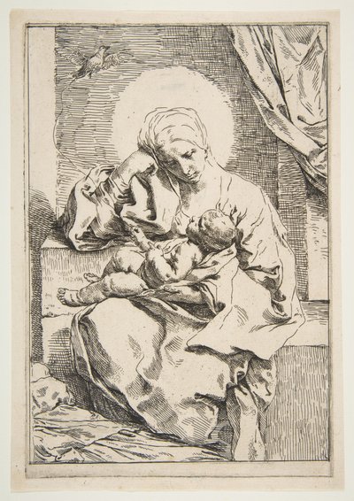 鳥とマドンナと子供、ca。 1635-1636。 作： Simone Cantarini
