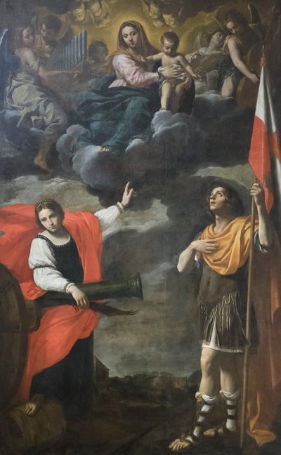 栄光の聖母と幼子、聖女バルバラとテレンツィオ 1630年頃 油彩・カンヴァス 作： Simone Cantarini
